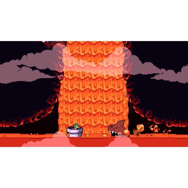 Volcanic eruption with lava flow and smoke in a pixel art style.