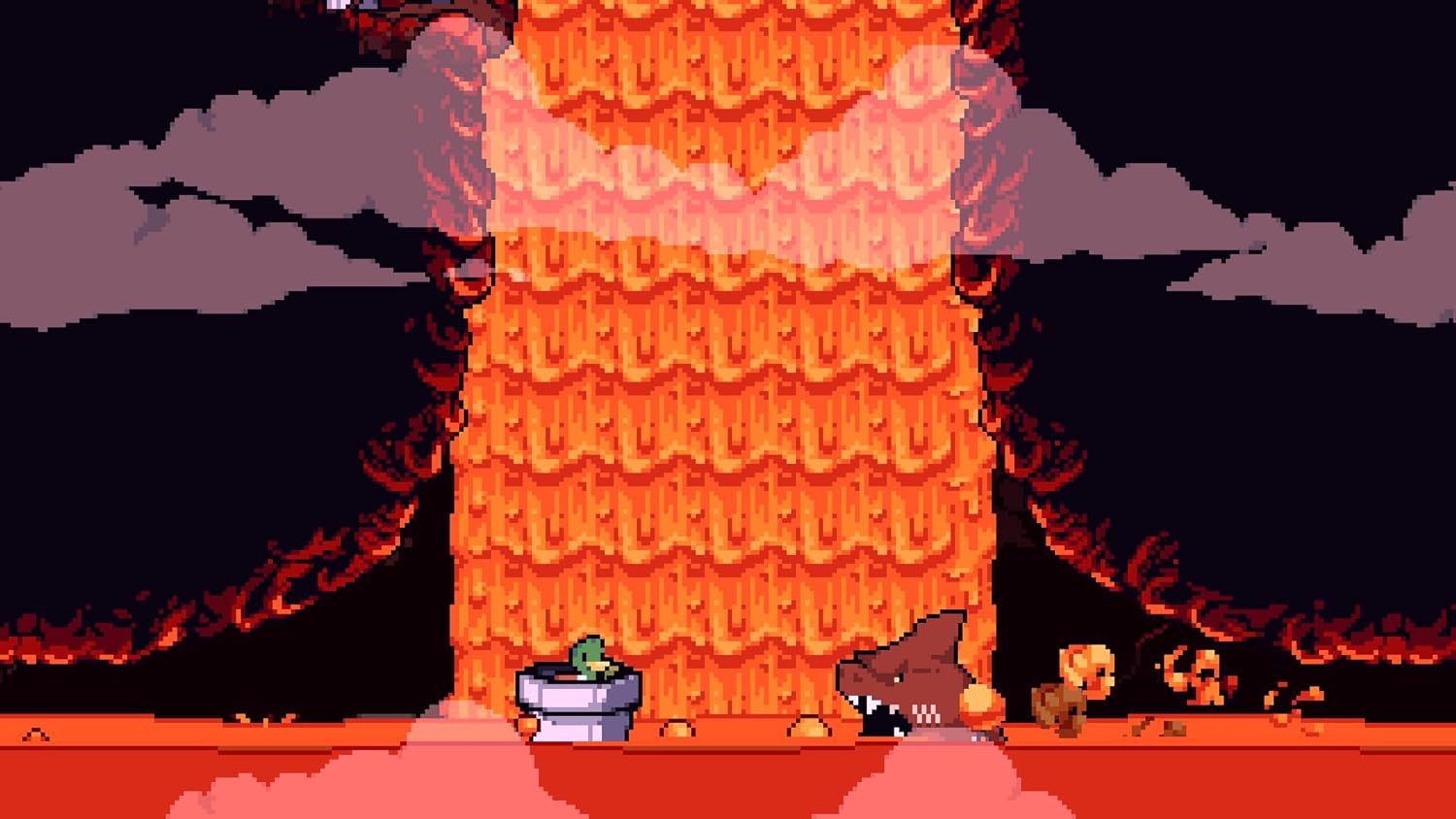 Volcanic eruption with lava flow and smoke in a pixel art style.