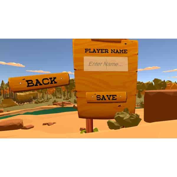 Wild West shooter game interface with name entry and save options.