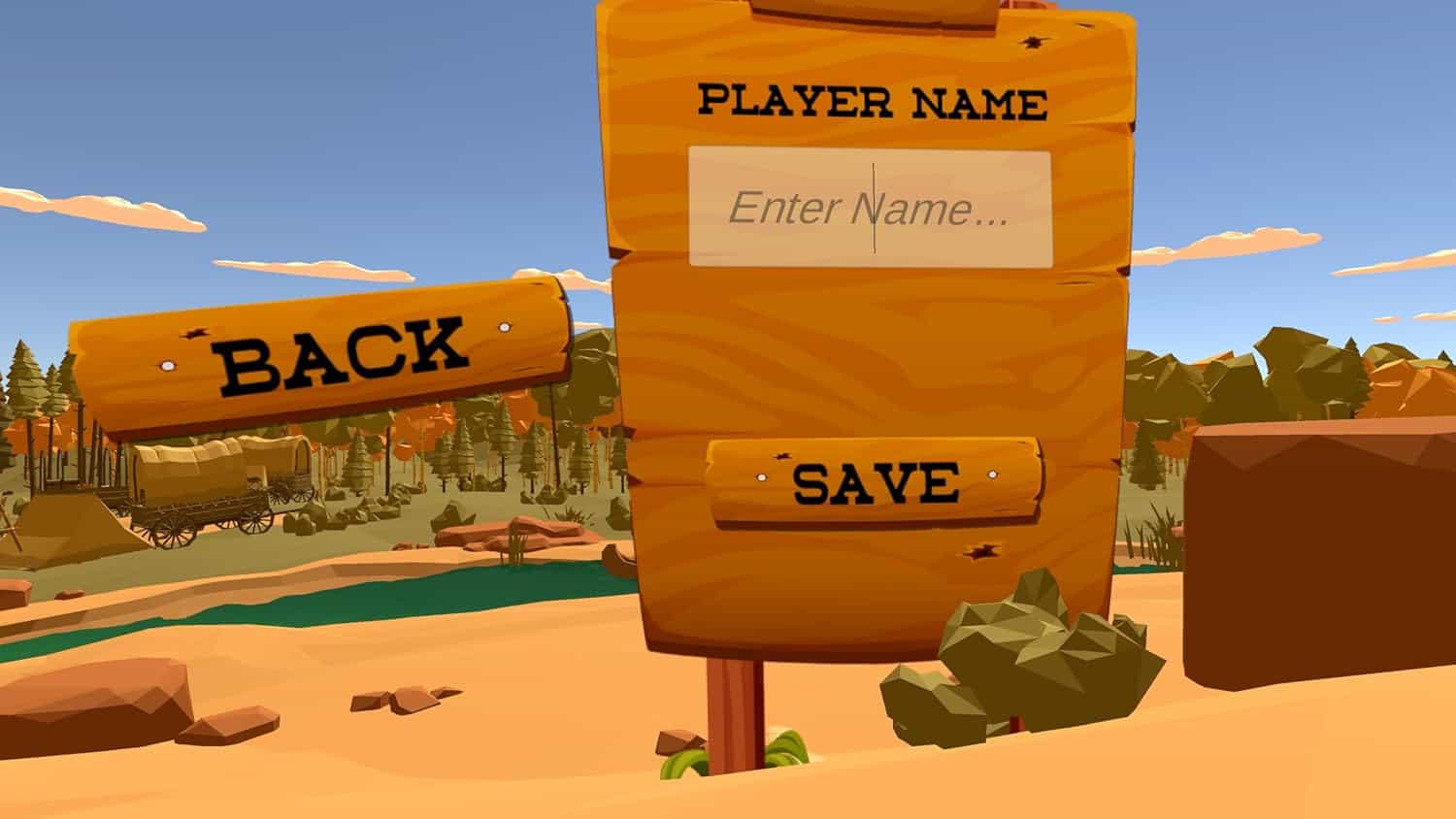 Wild West shooter game interface with name entry and save options.
