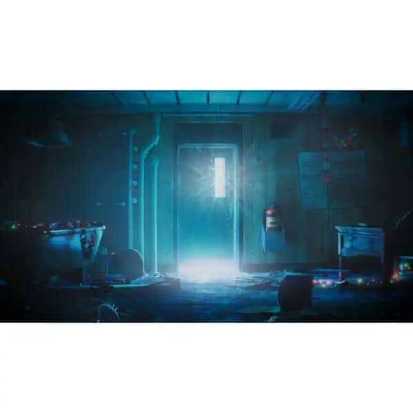 Dimly lit gaming room with vibrant lights and gaming equipment.
