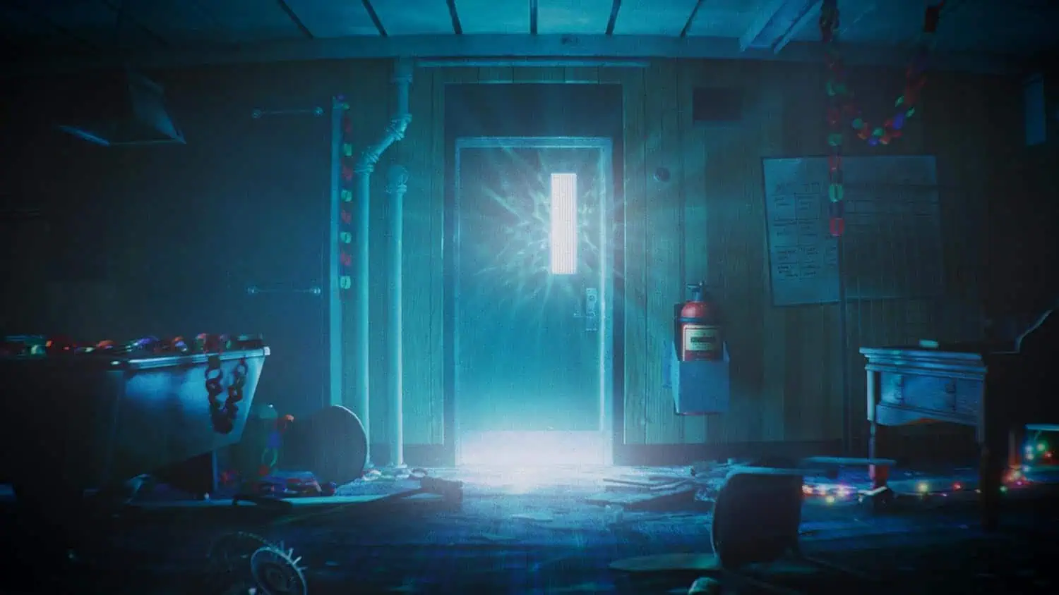 Dimly lit gaming room with vibrant lights and gaming equipment.