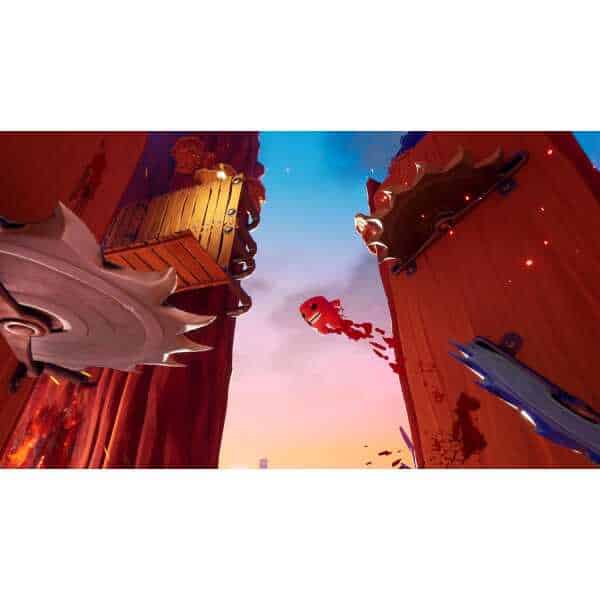 An intense scene from Super Meat Boy 3D featuring a red meat character navigating dangerous saw blad.