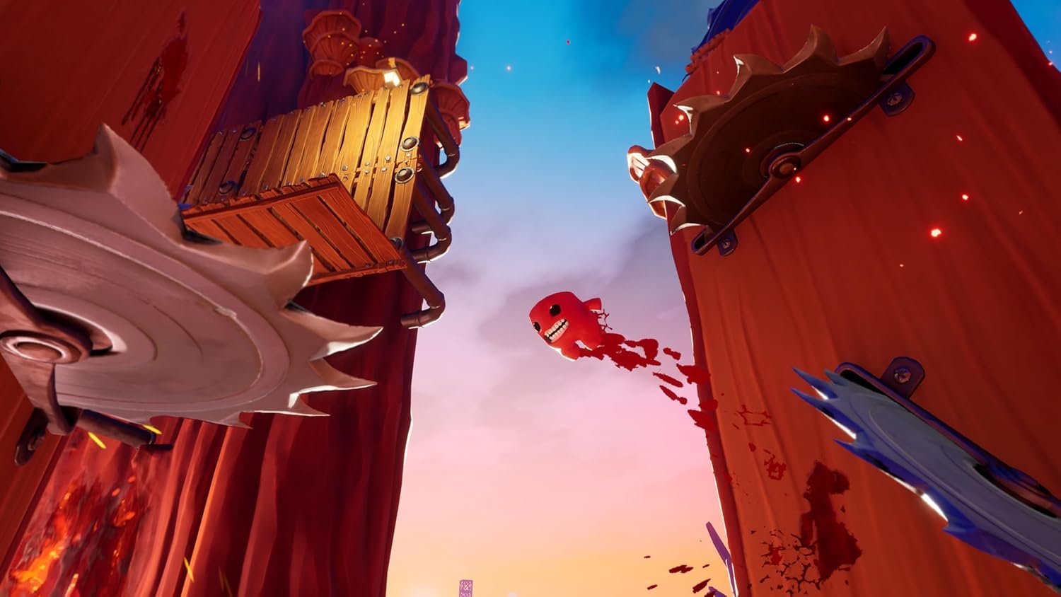 An intense scene from Super Meat Boy 3D featuring a red meat character navigating dangerous saw blad.