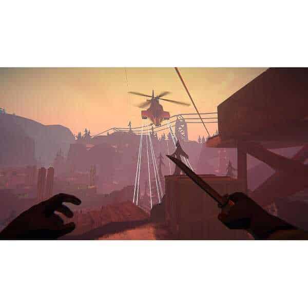 First-person view of a helicopter attack in a rugged outdoor environment.