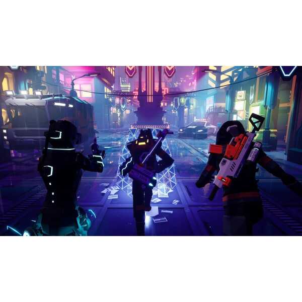 Futuristic cyberpunk city scene featuring armed characters, neon lights, and a vibrant urban environ.
