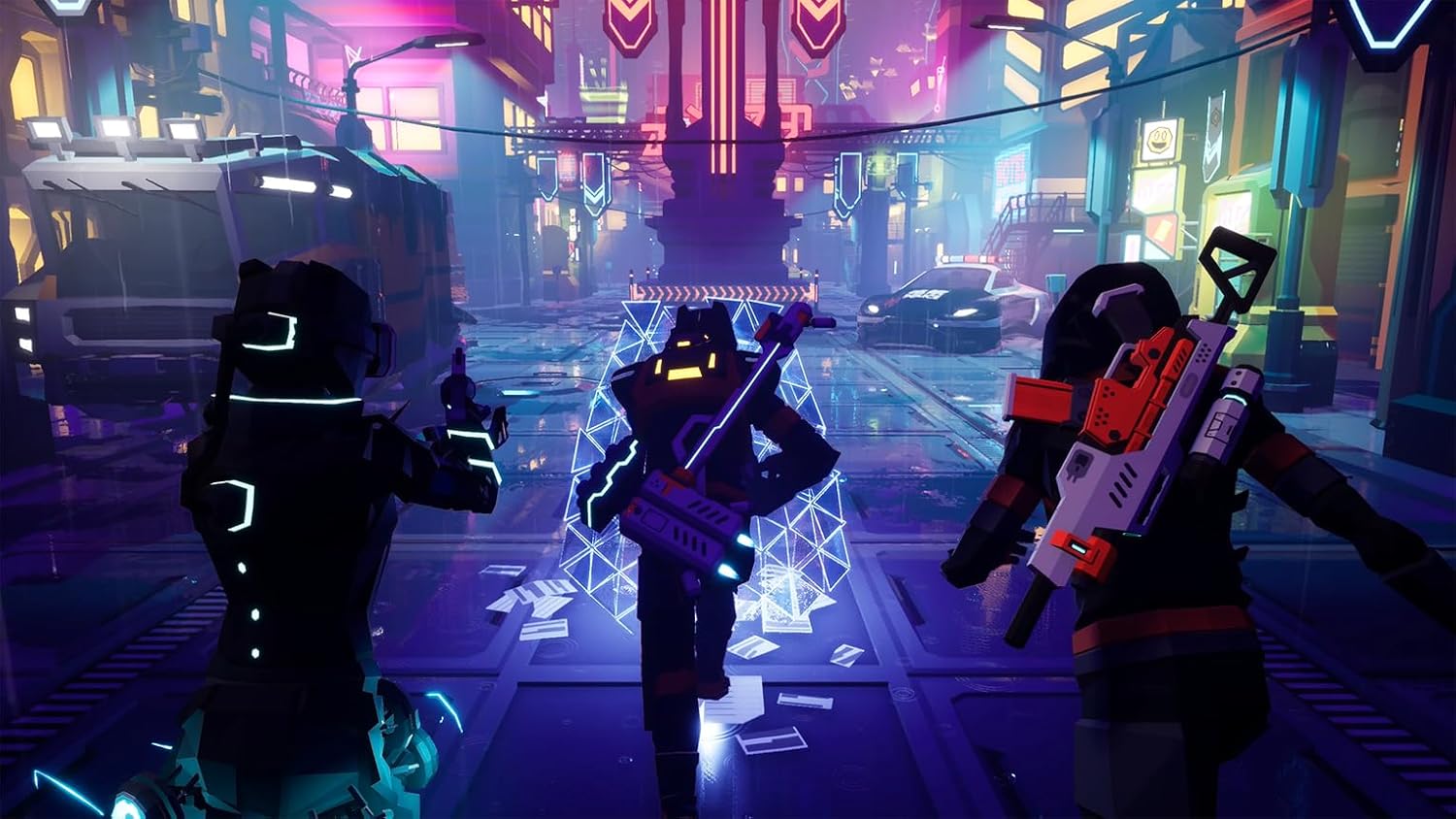Futuristic cyberpunk city scene featuring armed characters, neon lights, and a vibrant urban environ.