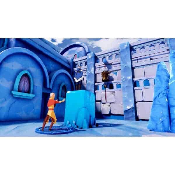 Winter fantasy scene with characters and icy castle elements.