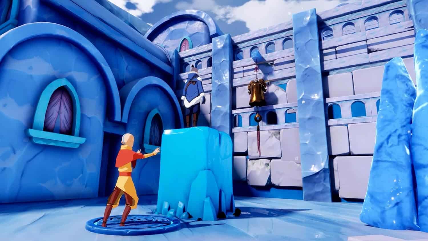 Winter fantasy scene with characters and icy castle elements.