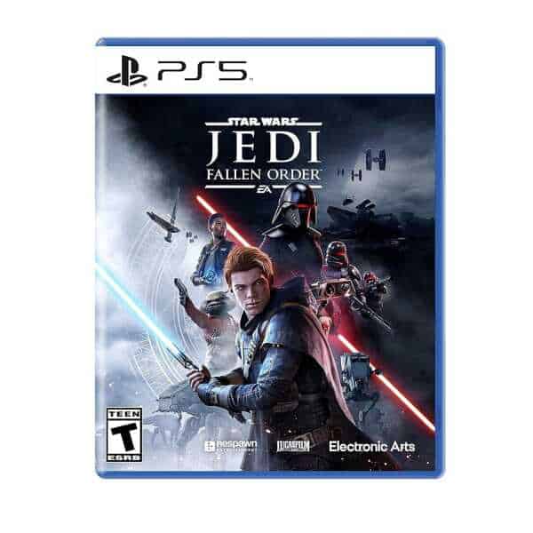 Epic Star Wars Jedi: Fallen Order PS5 game cover with characters and TIE fighters.