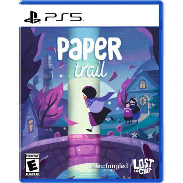 Whimsical Paper Trail PS5 game cover featuring characters in a snowy village scene.