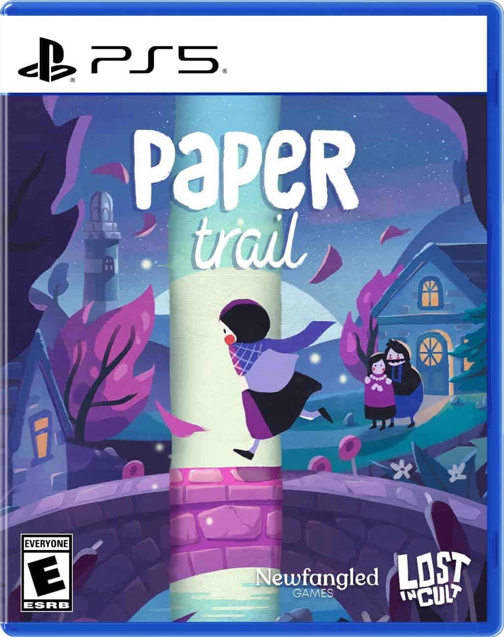 Whimsical Paper Trail PS5 game cover featuring characters in a snowy village scene.