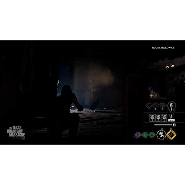 Dark house hallway with silhouette of person and gaming icons, atmospheric lighting.