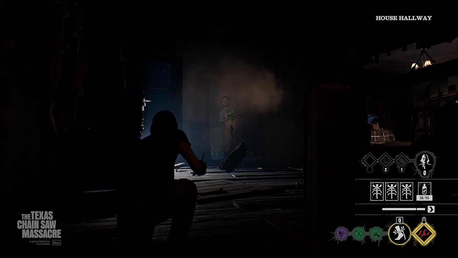 Dark house hallway with silhouette of person and gaming icons, atmospheric lighting.