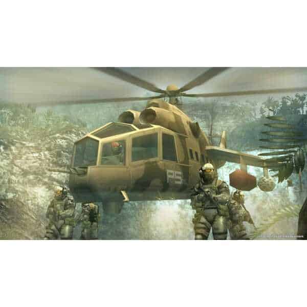 Military helicopter flying over jungle with soldiers in combat gear.