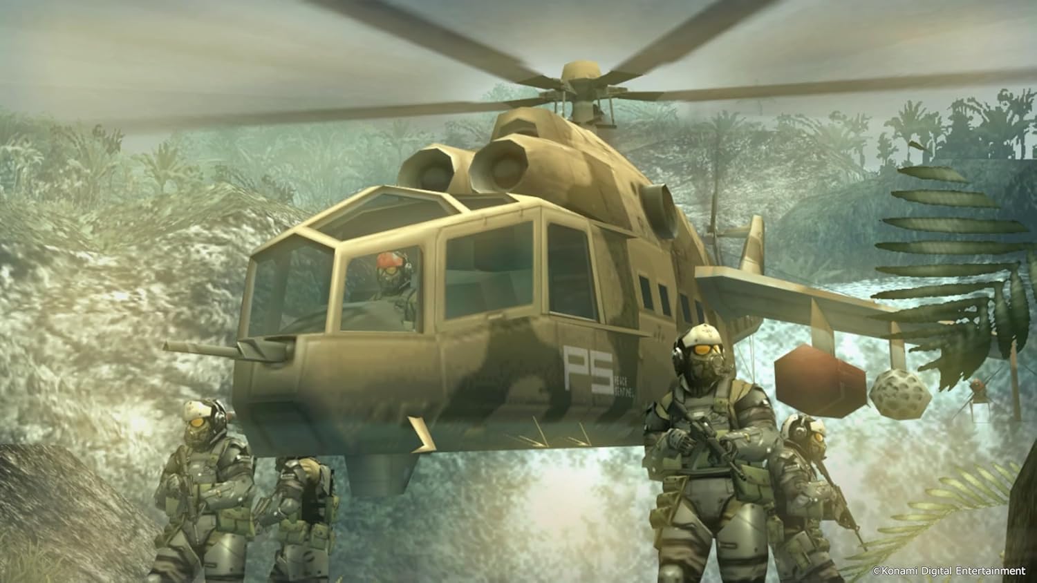 Military helicopter flying over jungle with soldiers in combat gear.
