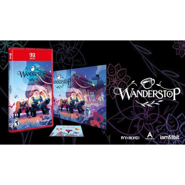 Wanderstop board game box and components on a dark background.
