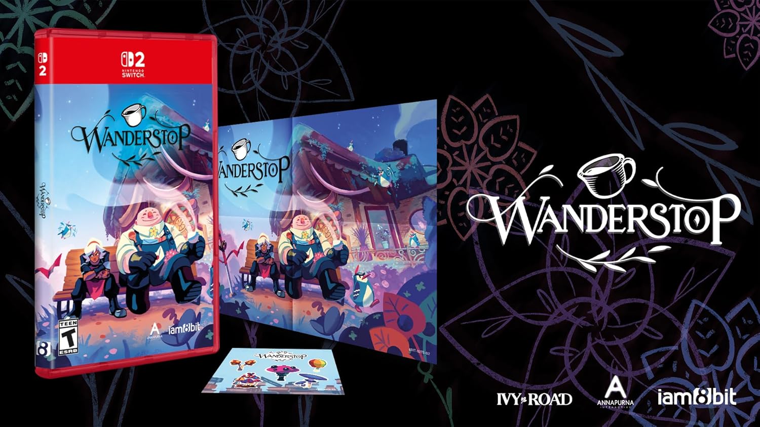 Wanderstop board game box and components on a dark background.