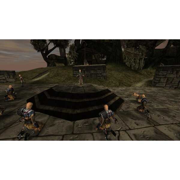 Virtual medieval battle scene with armored warriors in a game environment.