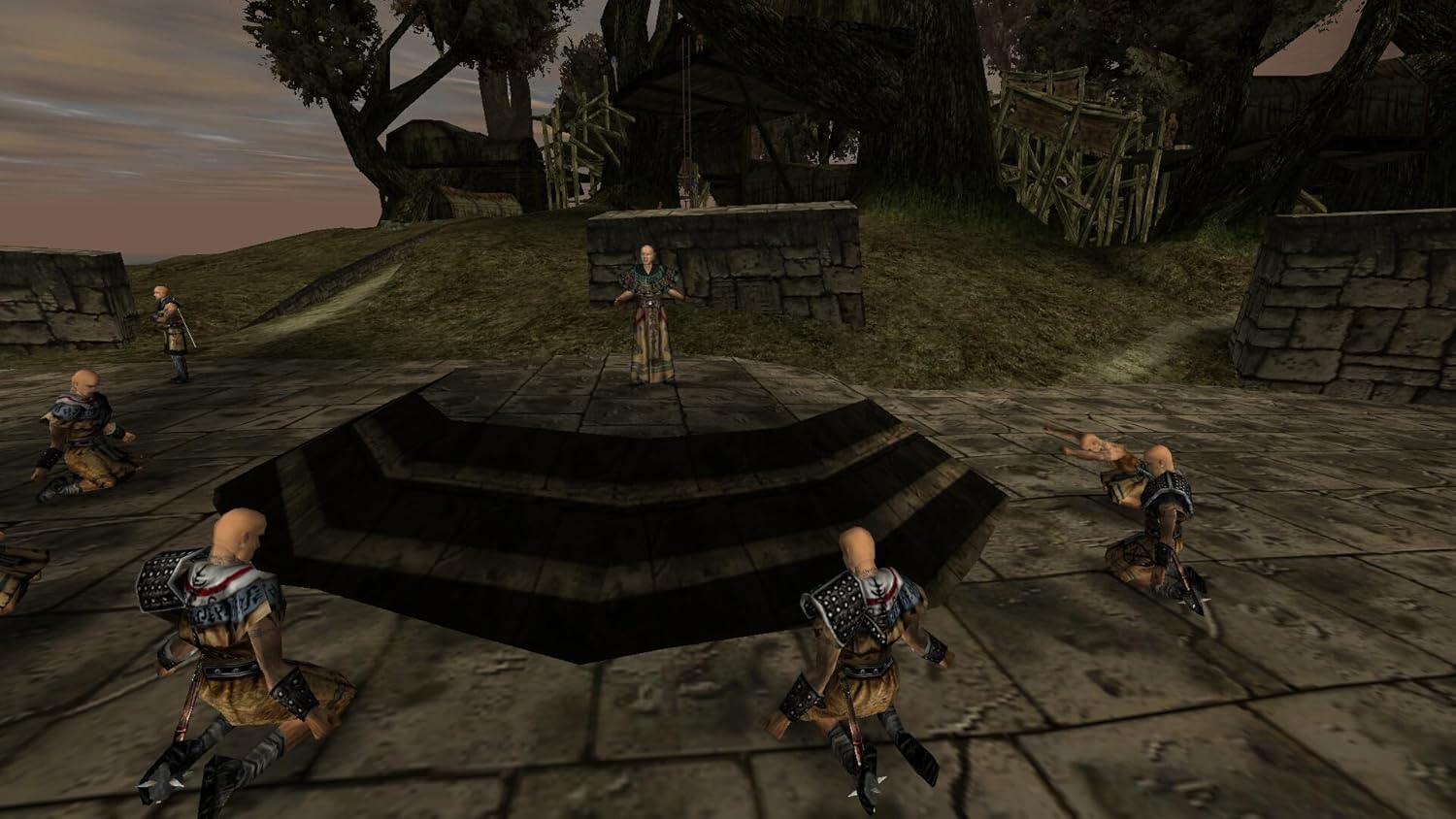 Virtual medieval battle scene with armored warriors in a game environment.