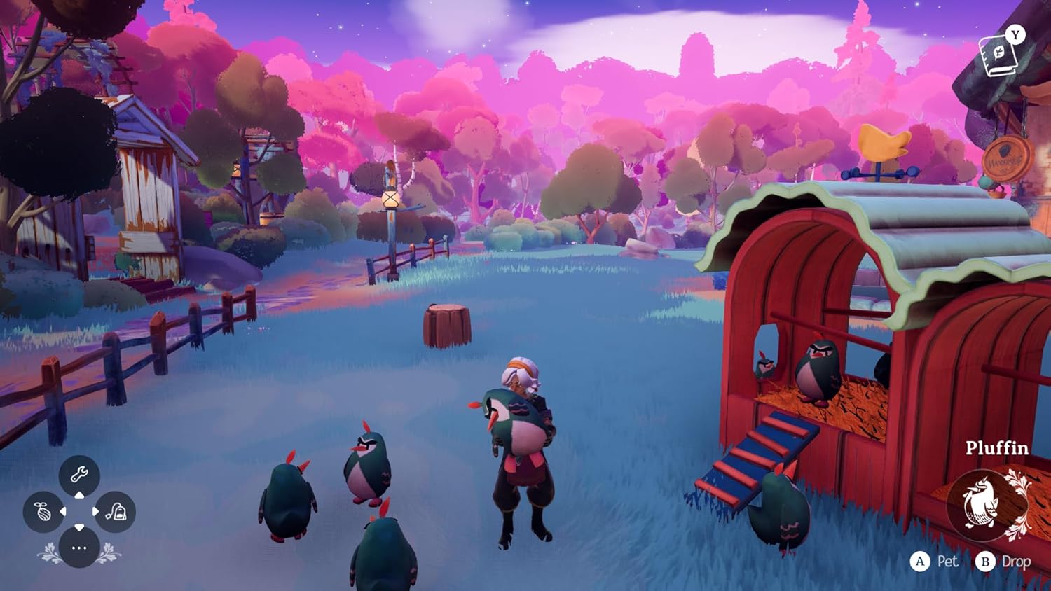 Charming penguin farm scene with playful penguins and colorful landscape.