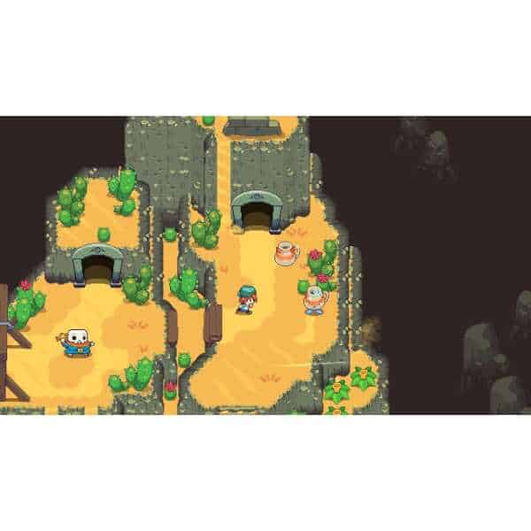 Pixel art scene from Gameware showing a character exploring a desert island with caves and cacti.
