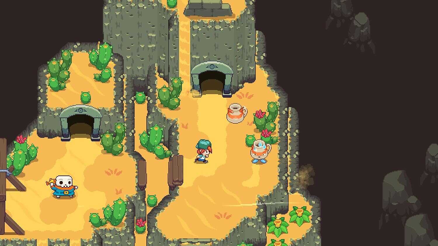 Pixel art scene from Gameware showing a character exploring a desert island with caves and cacti.