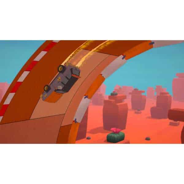 High-speed racing game with a car flipping off a curved track.