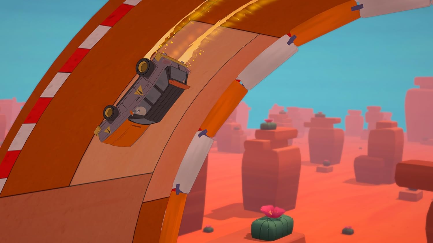 High-speed racing game with a car flipping off a curved track.