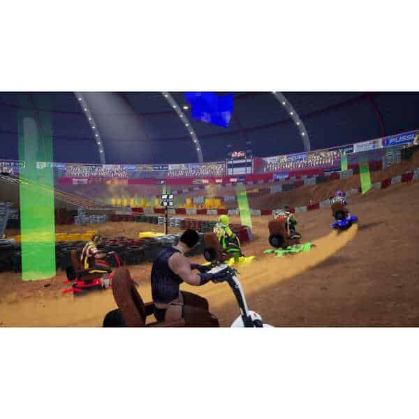 Indoor go-kart racing at Gameware with colorful tracks and professional drivers.