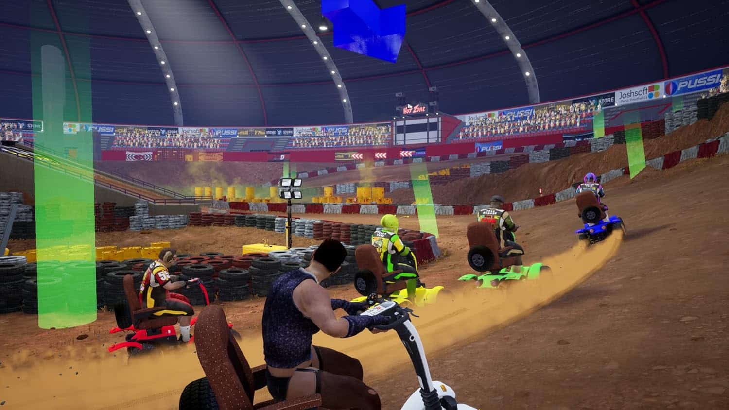Indoor go-kart racing at Gameware with colorful tracks and professional drivers.