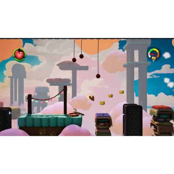 Colorful platformer game scene with floating platforms and clouds.