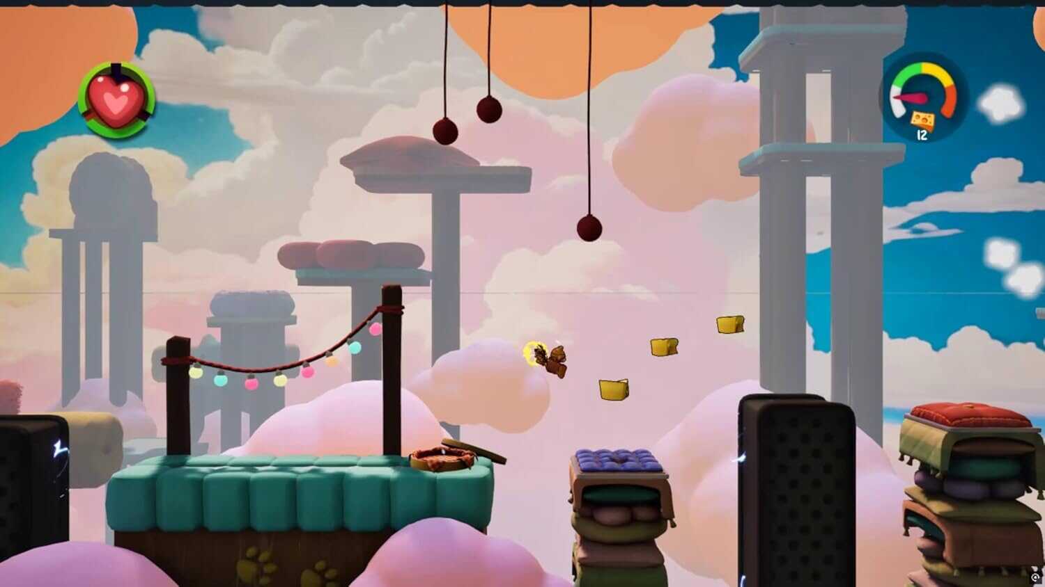 Colorful platformer game scene with floating platforms and clouds.