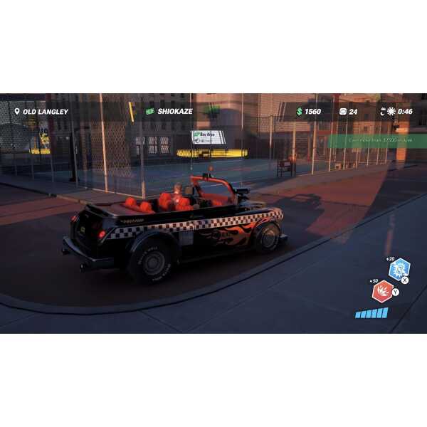 Taxi Chaos 2 game scene with a black taxi in a city environment.