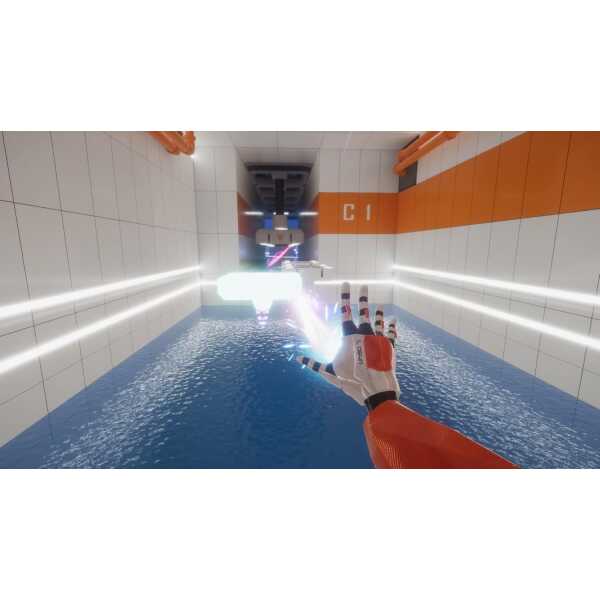 Immersive VR gaming environment with hand-tracking controllers in a high-tech room.