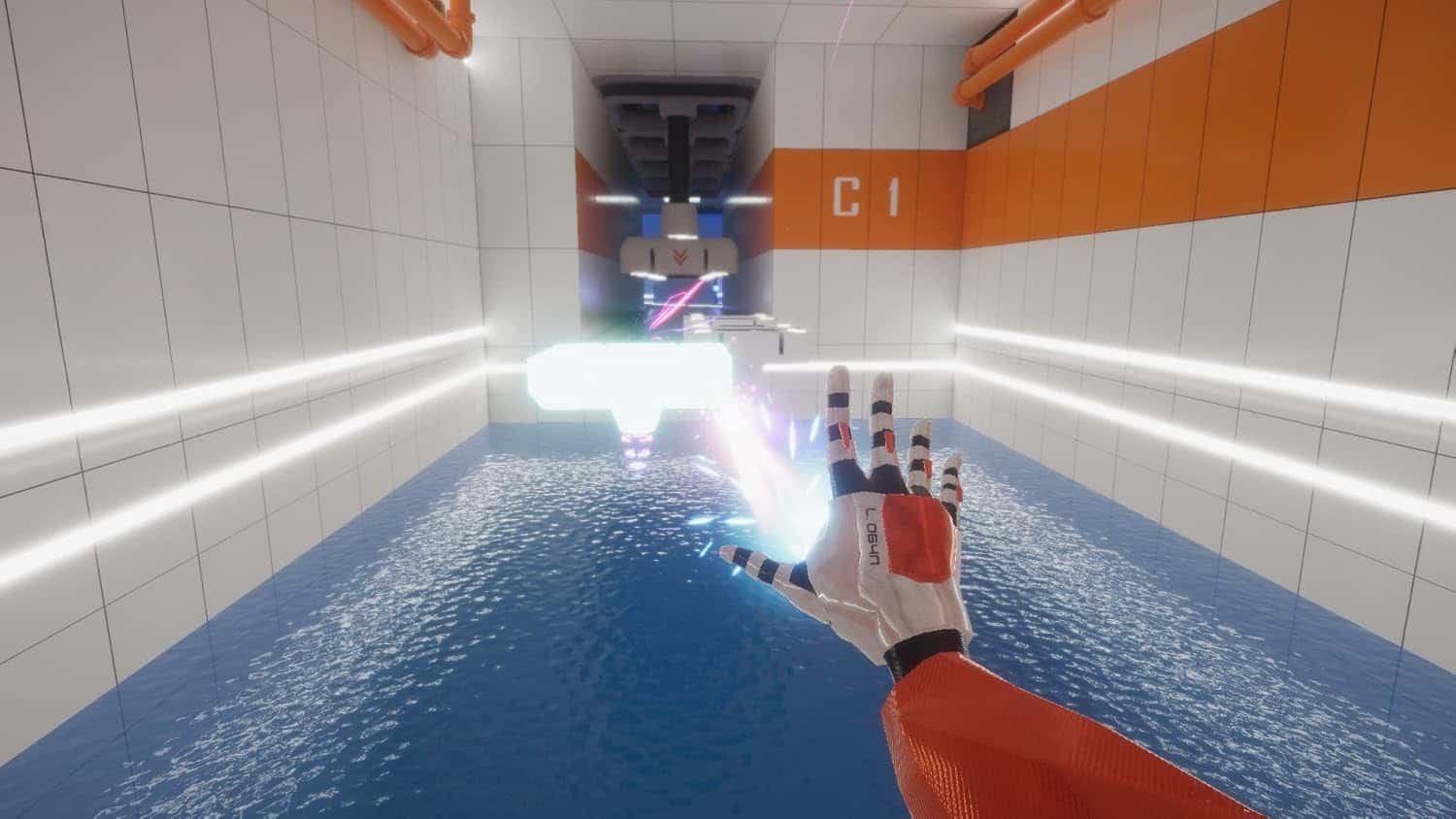 Immersive VR gaming environment with hand-tracking controllers in a high-tech room.