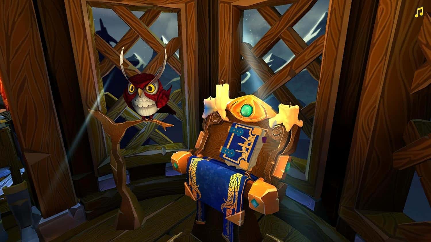 A colorful animated owl and a treasure chest inside a wooden tower with a night sky background.