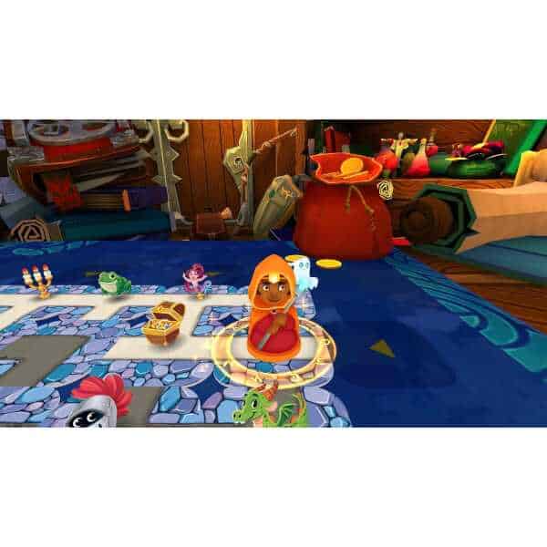 Colorful game scene featuring a character in a red hood surrounded by various playful elements and t.