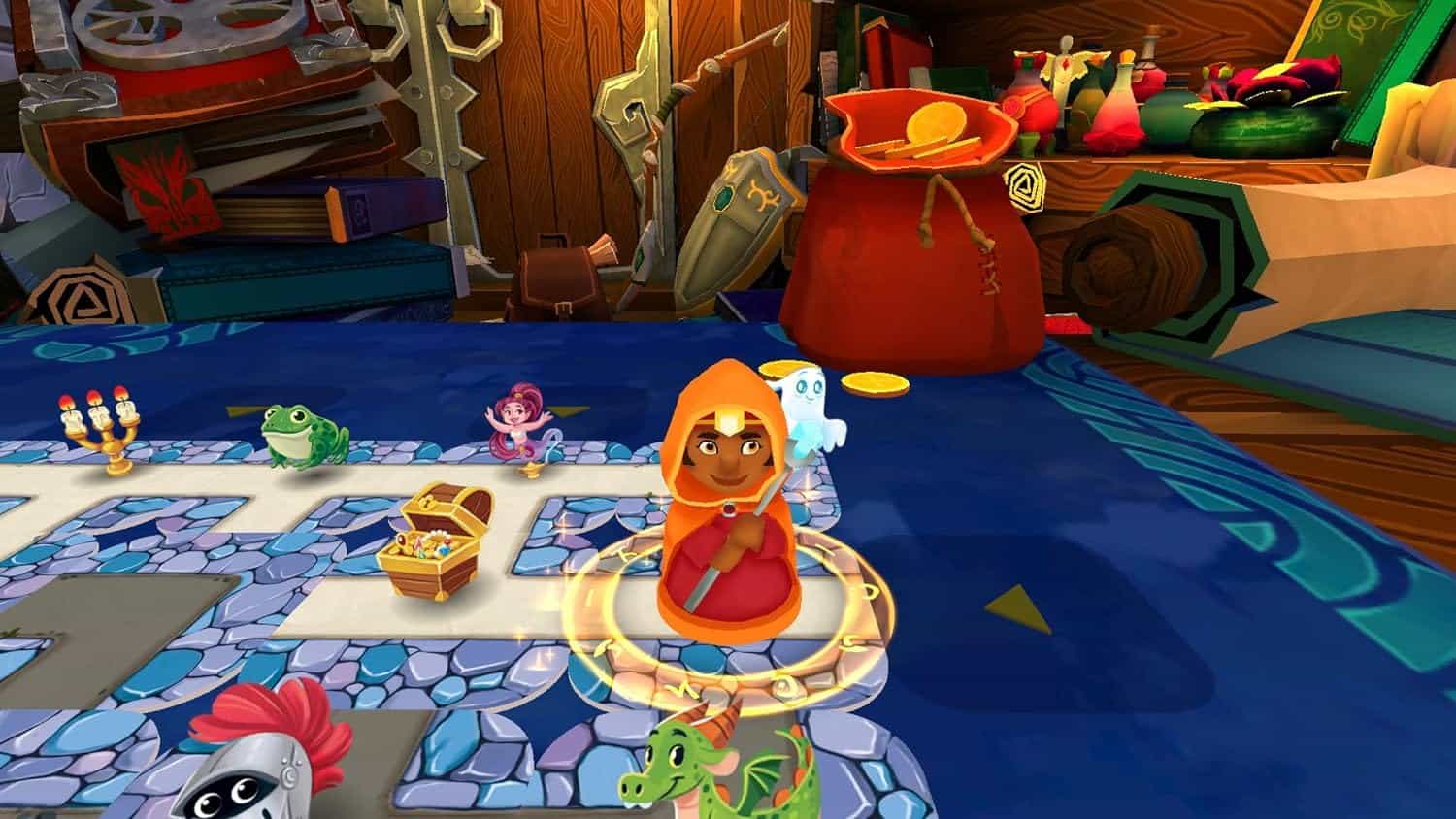 Colorful game scene featuring a character in a red hood surrounded by various playful elements and t.