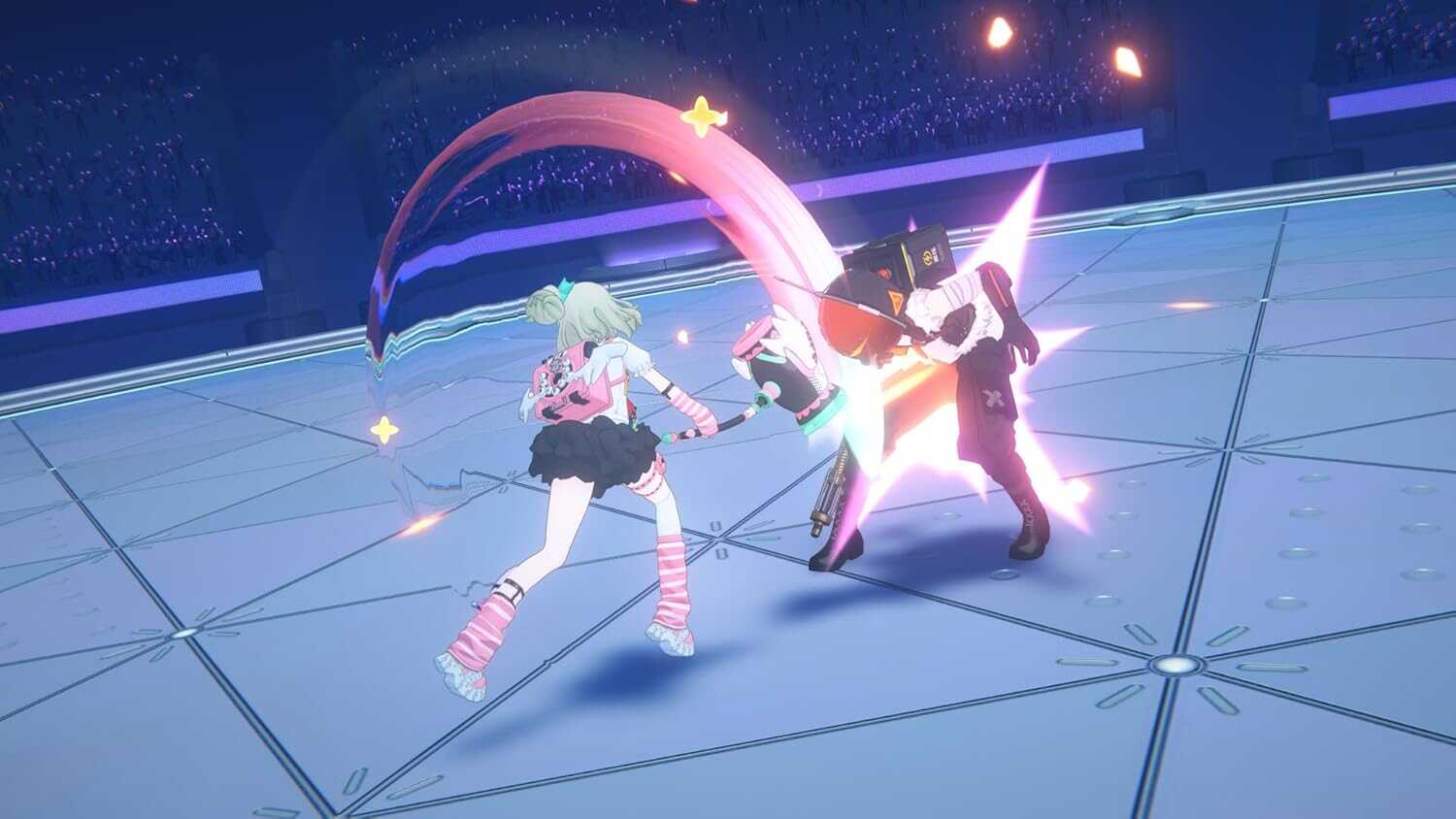 Anime-style characters battling in a futuristic arena for Zenless Zone Zero.