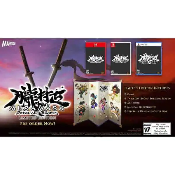 Limited Edition Muramasa art book, game, soundtrack, and display screen for PS4, PS5, and Switch.