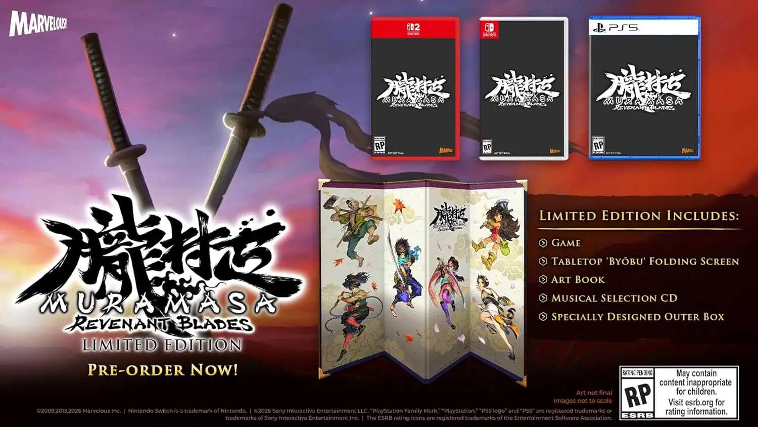 Limited Edition Muramasa art book, game, soundtrack, and display screen for PS4, PS5, and Switch.