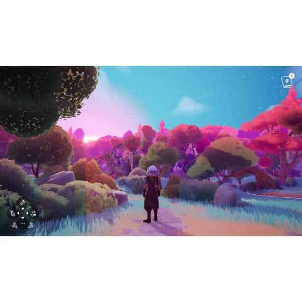 Fantasy landscape with vibrant pink and purple trees, lush greenery, and a character exploring a col.