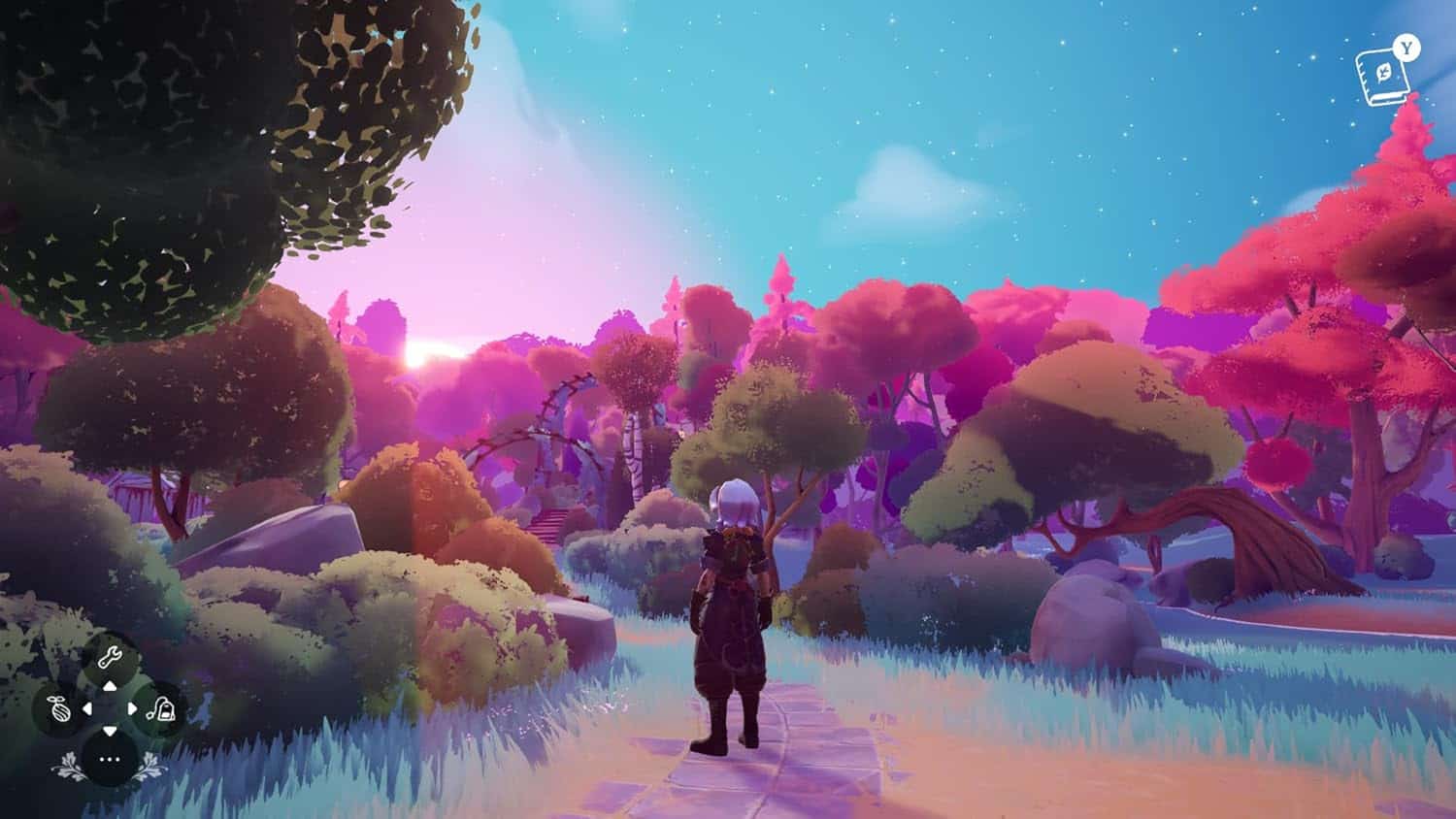 Fantasy landscape with vibrant pink and purple trees, lush greenery, and a character exploring a col.