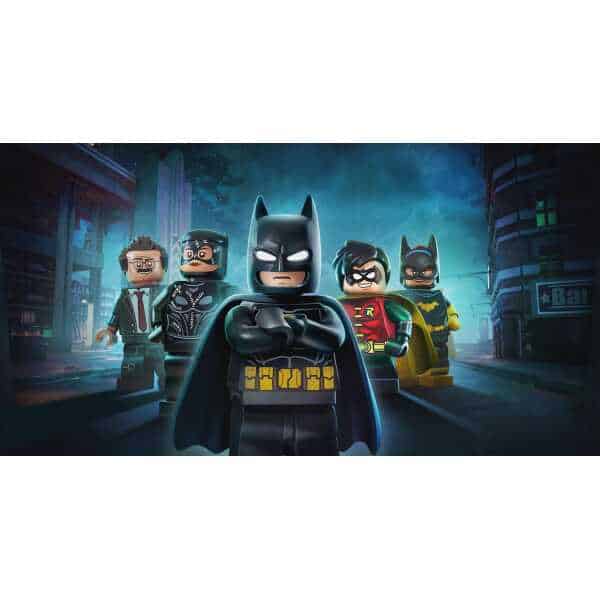 LEGO Batman and allies in Gotham City at night for LEGO Batman game.