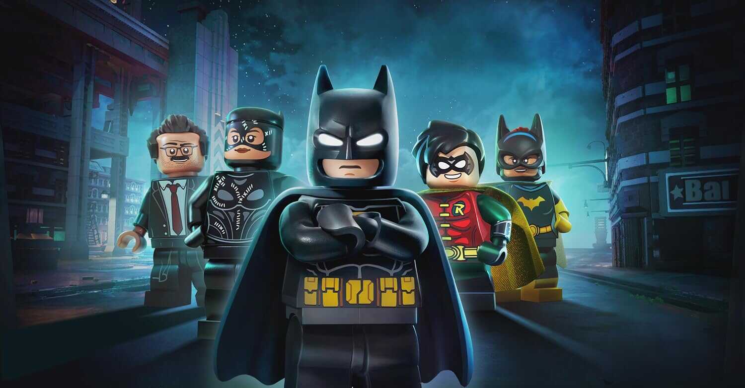 LEGO Batman and allies in Gotham City at night for LEGO Batman game.
