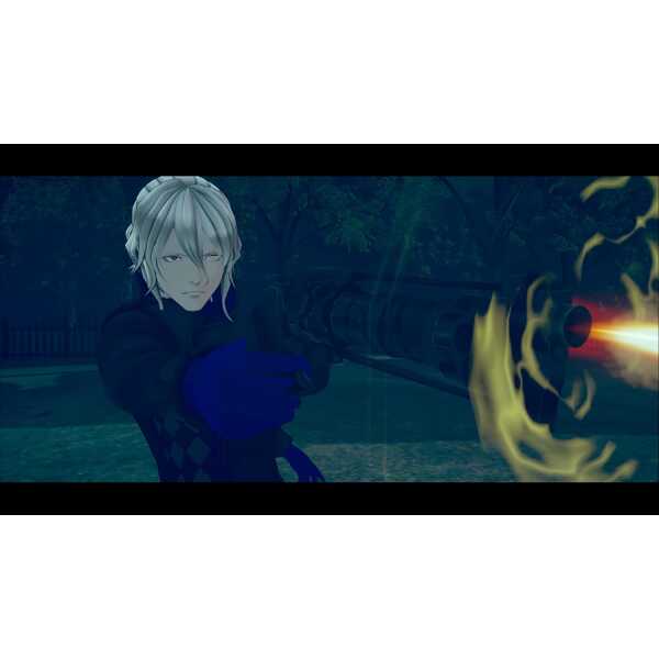 Anime character Kaname Date firing a gun in a dark outdoor setting.