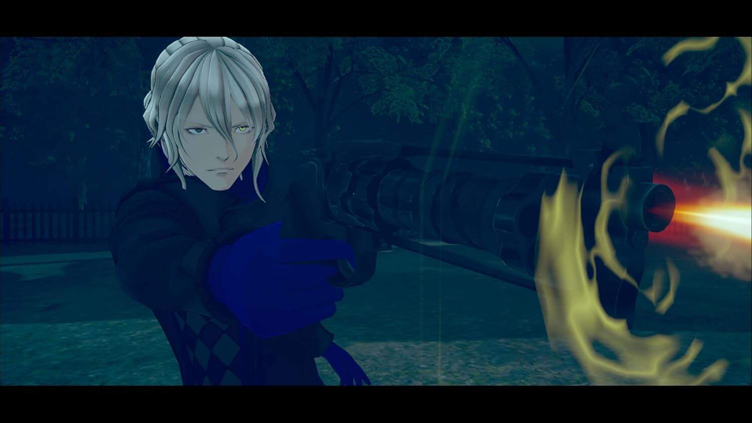 Anime character Kaname Date firing a gun in a dark outdoor setting.
