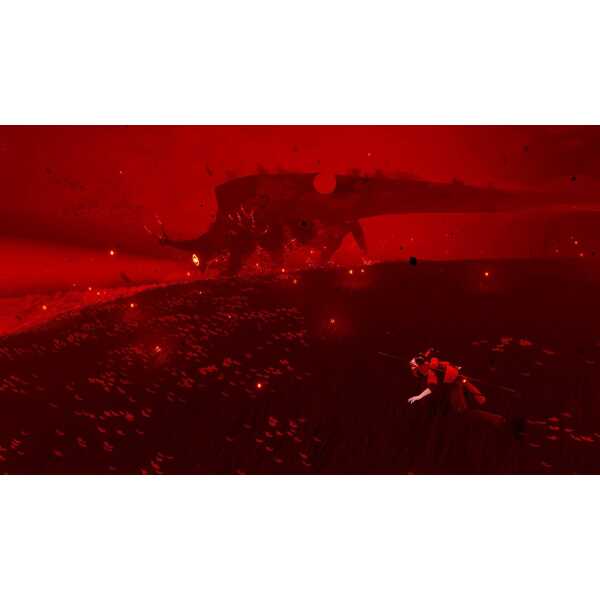 Intense dragon fight scene with a hero confronting a massive dragon in a fiery, dark environment.