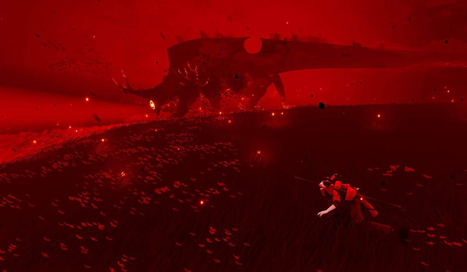 Intense dragon fight scene with a hero confronting a massive dragon in a fiery, dark environment.